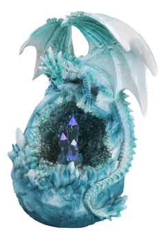 Winter Snow Dragon Resting On Frozen Snow Geode Egg With LED Crystals Figurine-3