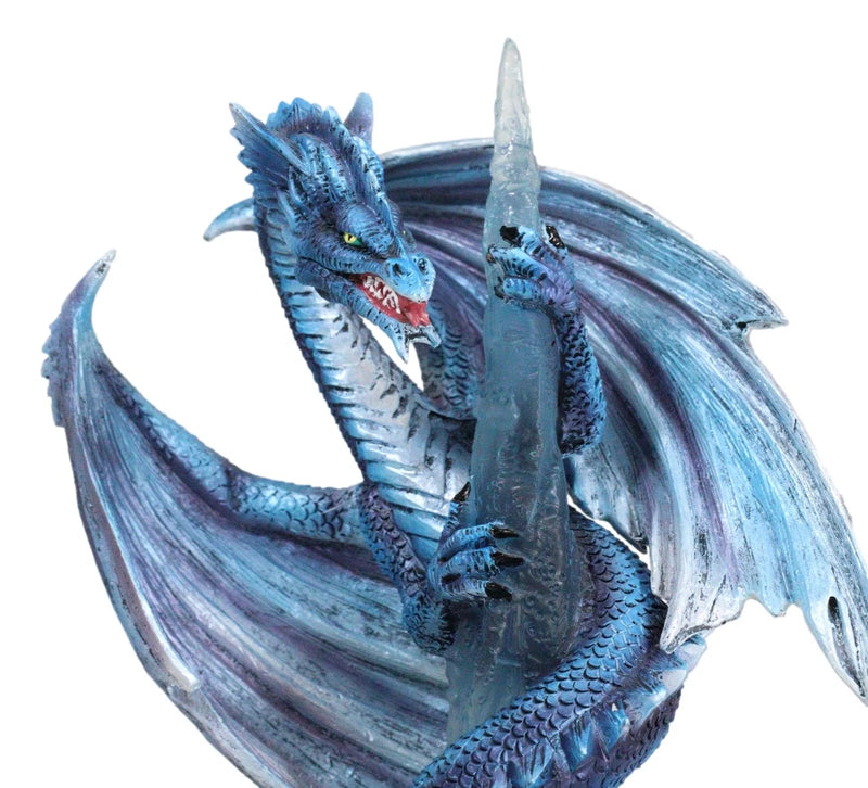 Frozen Stalactite Blue Dragon Serpent On Spiky Ice Mountain Cliff Figurine-7
