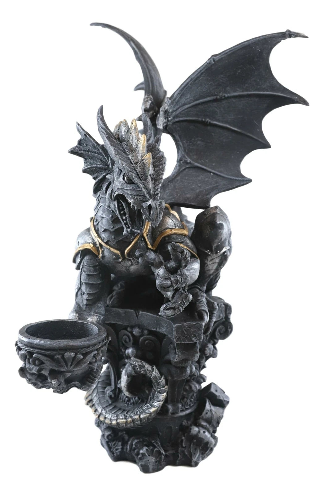 Large Rune Armored Dragon On Pedestal Tea Light Candle Holder Statue Figurine-3