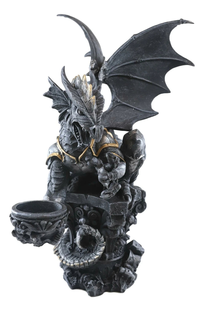 Large Rune Armored Dragon On Pedestal Tea Light Candle Holder Statue Figurine-3