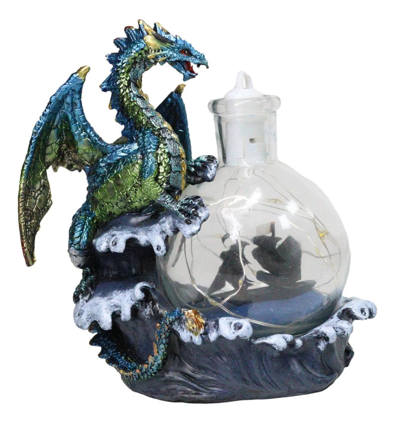 Metallic Frozen Sea Dragon Rising Above Waves by Glass Bottle With Ship Figurine-7
