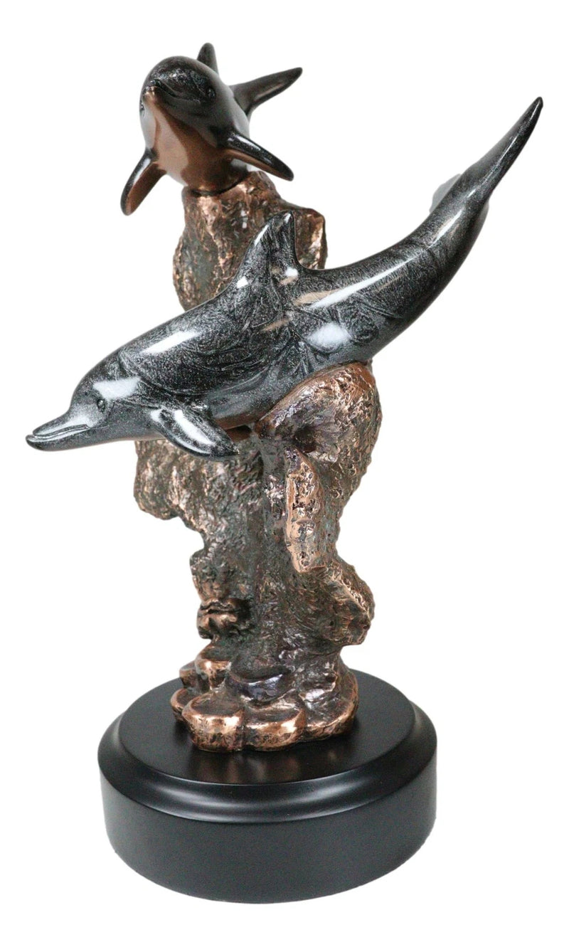 Marine 2 Black Dolphins Swimming by Coral Reef Electroplated Bronze Figurine-5