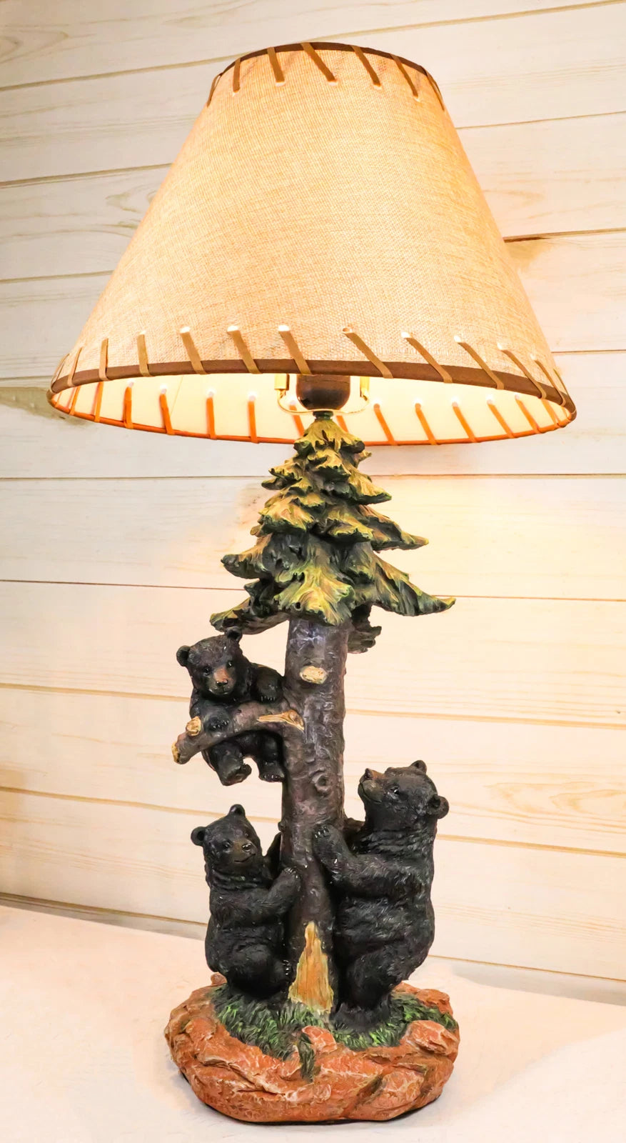 Rustic Western Forest Black Mama Bear With Cubs Climbing On Pine Tree Table Lamp-1