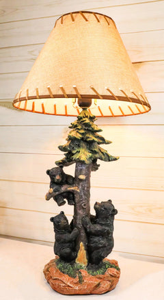 Rustic Western Forest Black Mama Bear With Cubs Climbing On Pine Tree Table Lamp-1