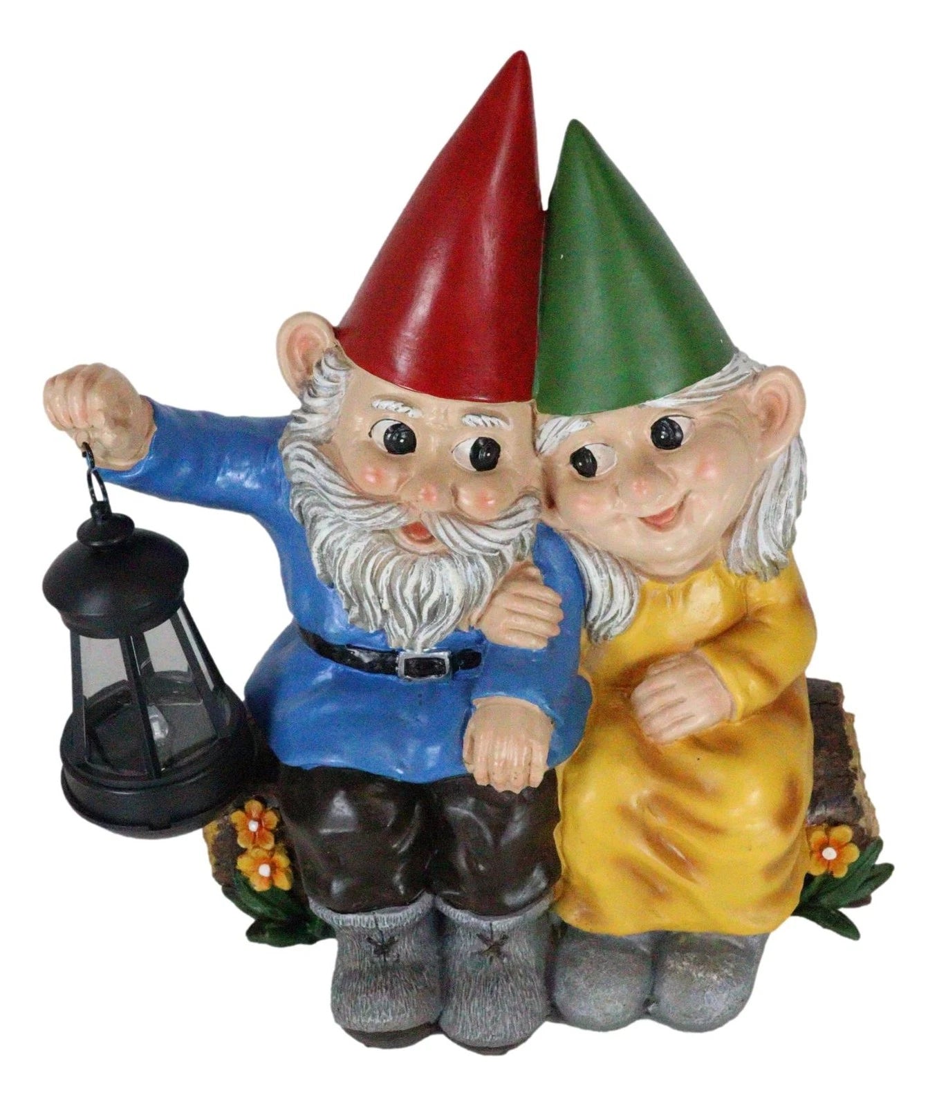 Estatua grande de gnomos de Sr. y Sra. en un tronco de árbol con luz LED solar, 34 cm de alto-4