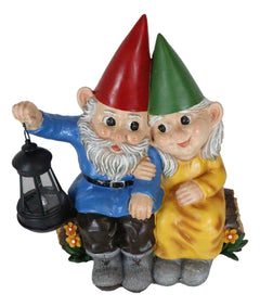 Estatua grande de gnomos de Sr. y Sra. en un tronco de árbol con luz LED solar, 34 cm de alto-4