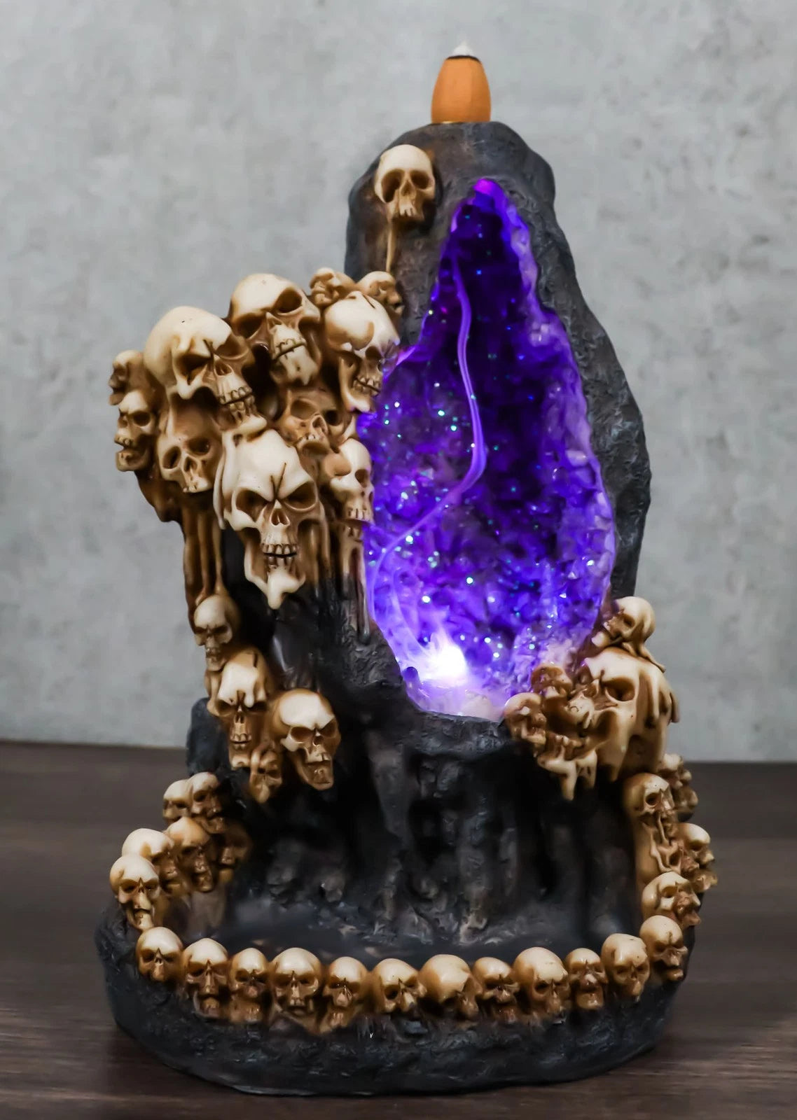 Gothic Melting Skulls Faux Geode Crystals LED Light Cave Backflow Incense Burner-3