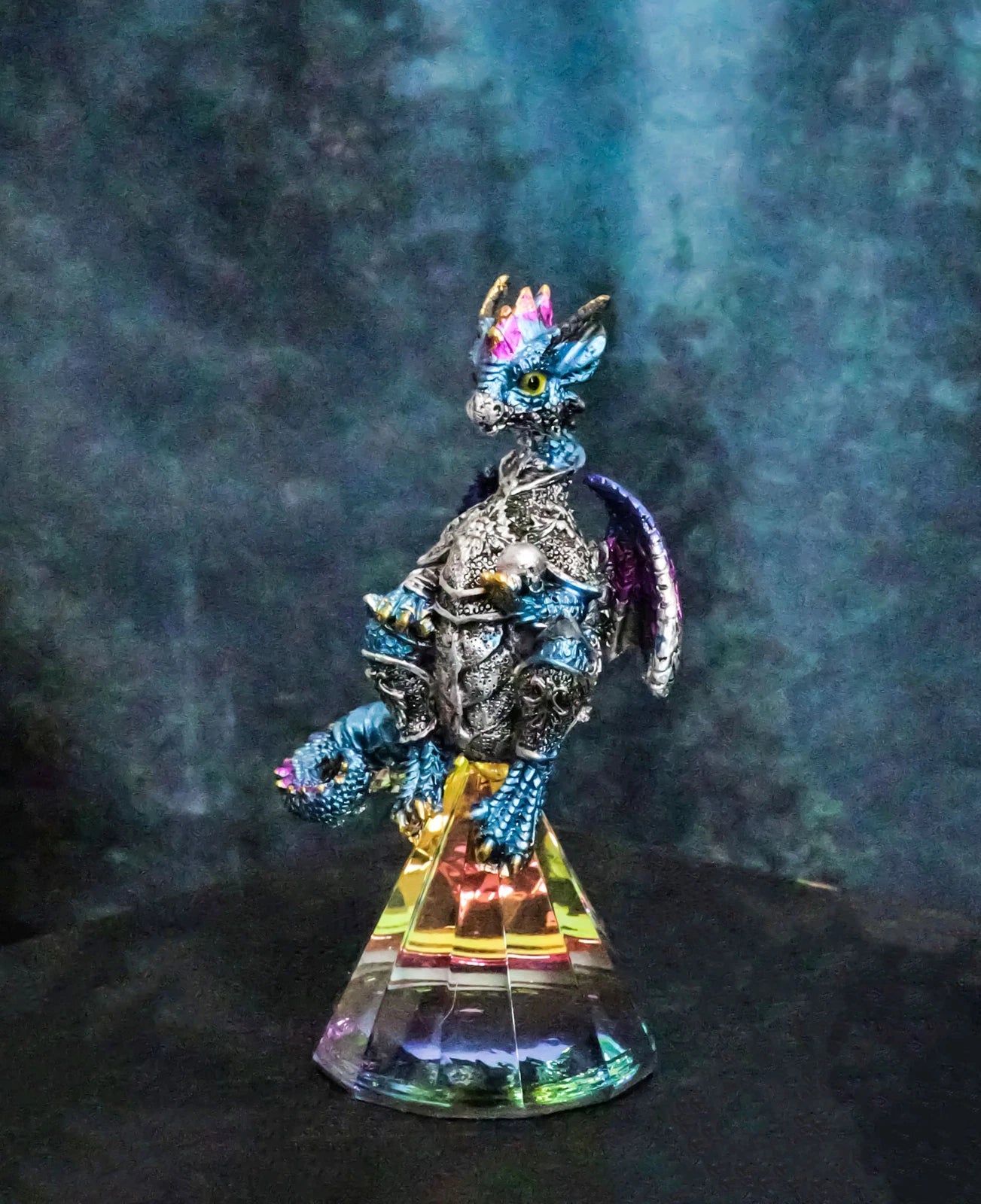 Blue Iridescent Armored Rainbow Wyrmling Dragon With Faux Crystal Prism Figurine-1