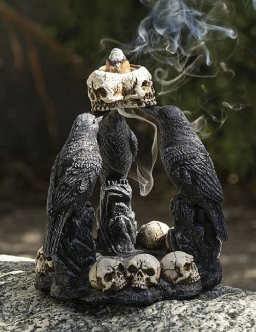 Gothic Wicca Quoth Trio Ravens Nevermore With Skulls Backflow Incense Burner-1