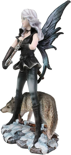 Fantasy Winter Snow Fairy Goddess Artemis Hunting With Gray Wolf Statue 10"H-5