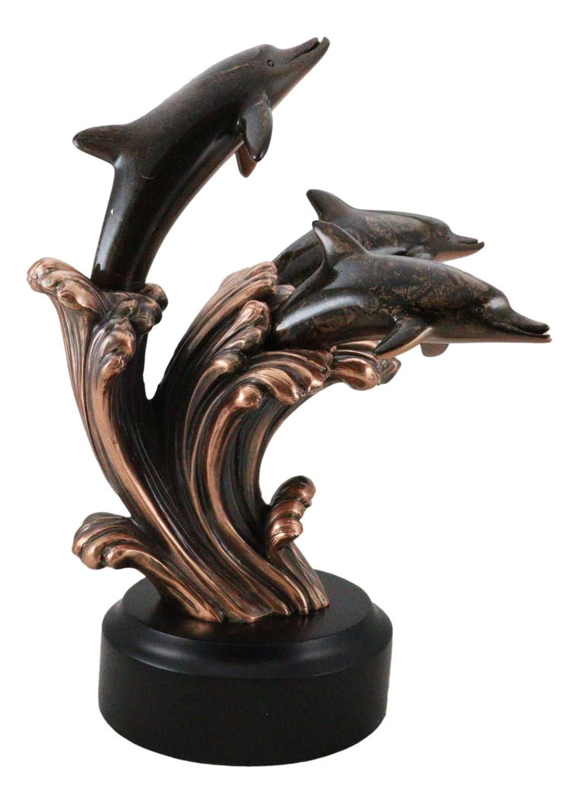 Bronze Electroplated Three Bottlenose Dolphins Riding Over Ocean Waves Statue-6