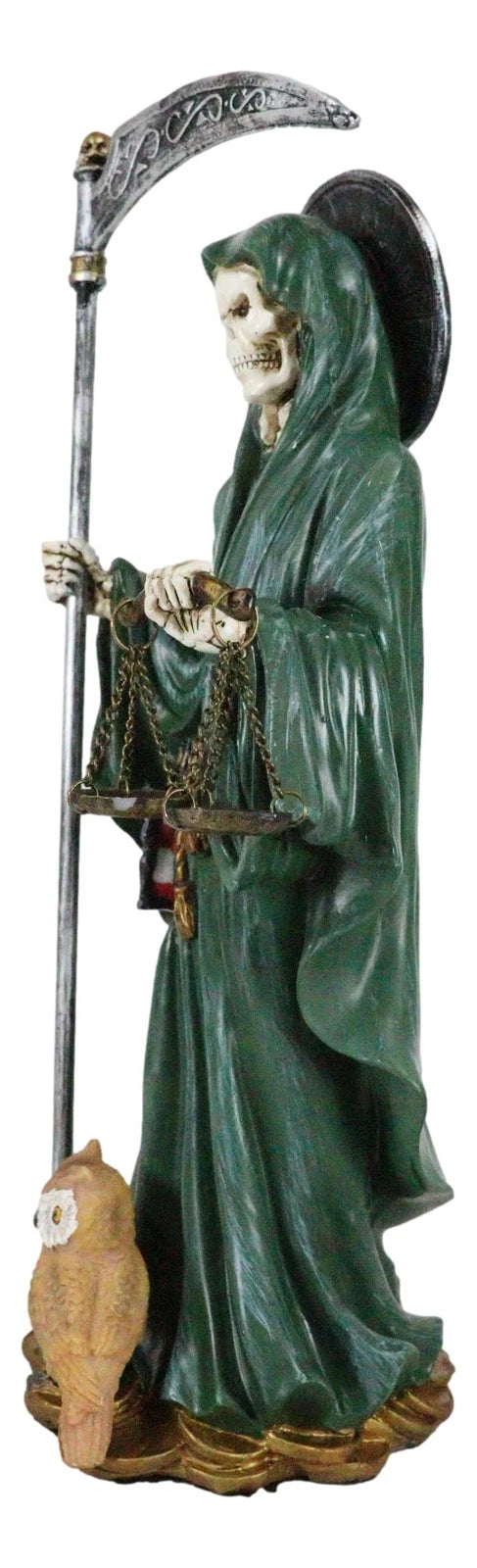 Standing Green Santa Muerte With Scythe Scales of Justice And Wise Owl Figurine-5