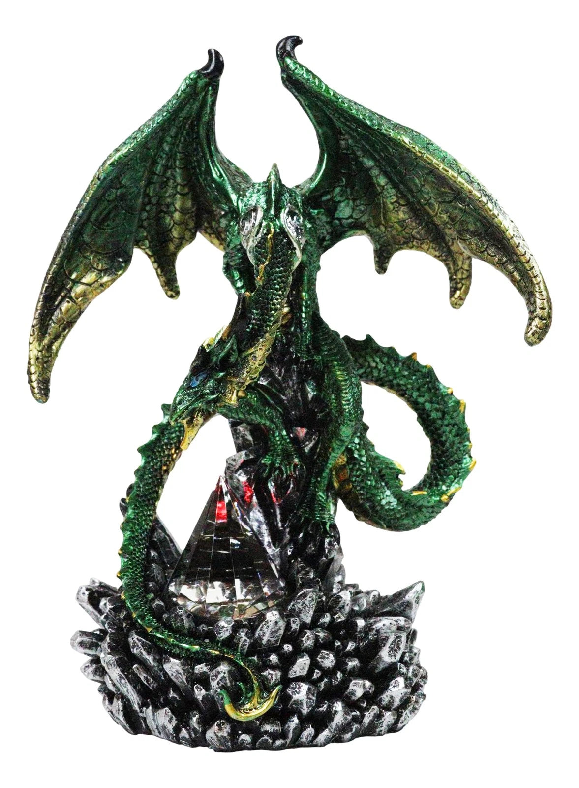 Metallic Green and Gold Rune Dragon Guarding Glass Prism Crystals Figurine 10"H-9