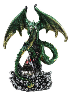 Metallic Green and Gold Rune Dragon Guarding Glass Prism Crystals Figurine 10"H-9