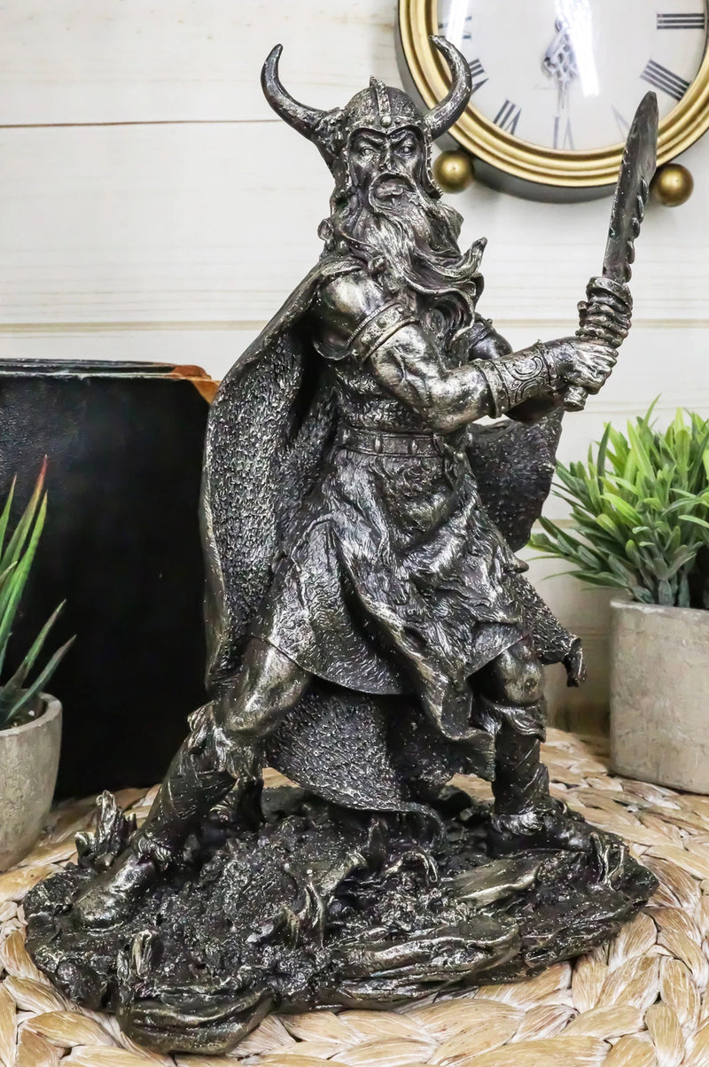 Viking Berserker Warrior With Bull Horn Helmet Wielding Sword Statue 10"H-1