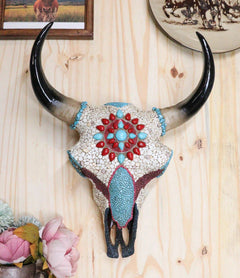 16.5"H Large Turquoise And Red Gems Mosaic Southwest Steer Cow Skull Wall Decor-4