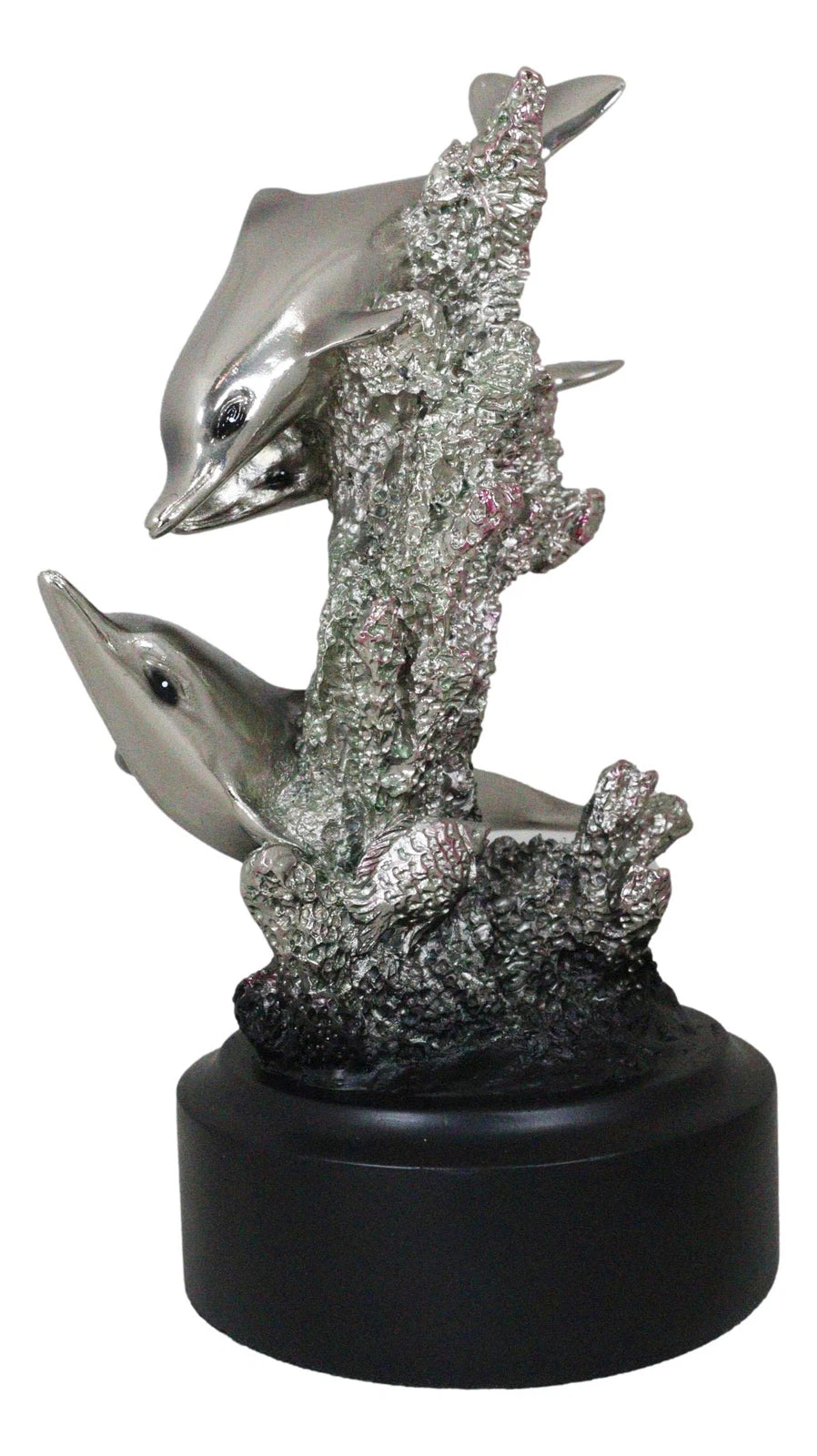 Nautical Marine Sea Dolphins By Coral Reef Silver Electroplated Resin Figurine-7