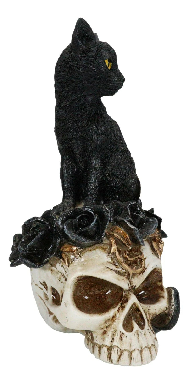Figura de gato gótico, felino negro sentado sobre una rosa, estatua de calavera de vampiro fantasma, 18 cm de alto, decoración del hogar, exhibición, adorno de escritorio, decoración de Halloween, regalo de fantasía gótica-6