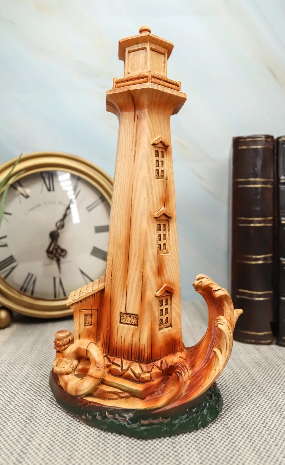 9"H Nautical Lighthouse With Life Ring Buoy And Crashing Ocean Wave Statue