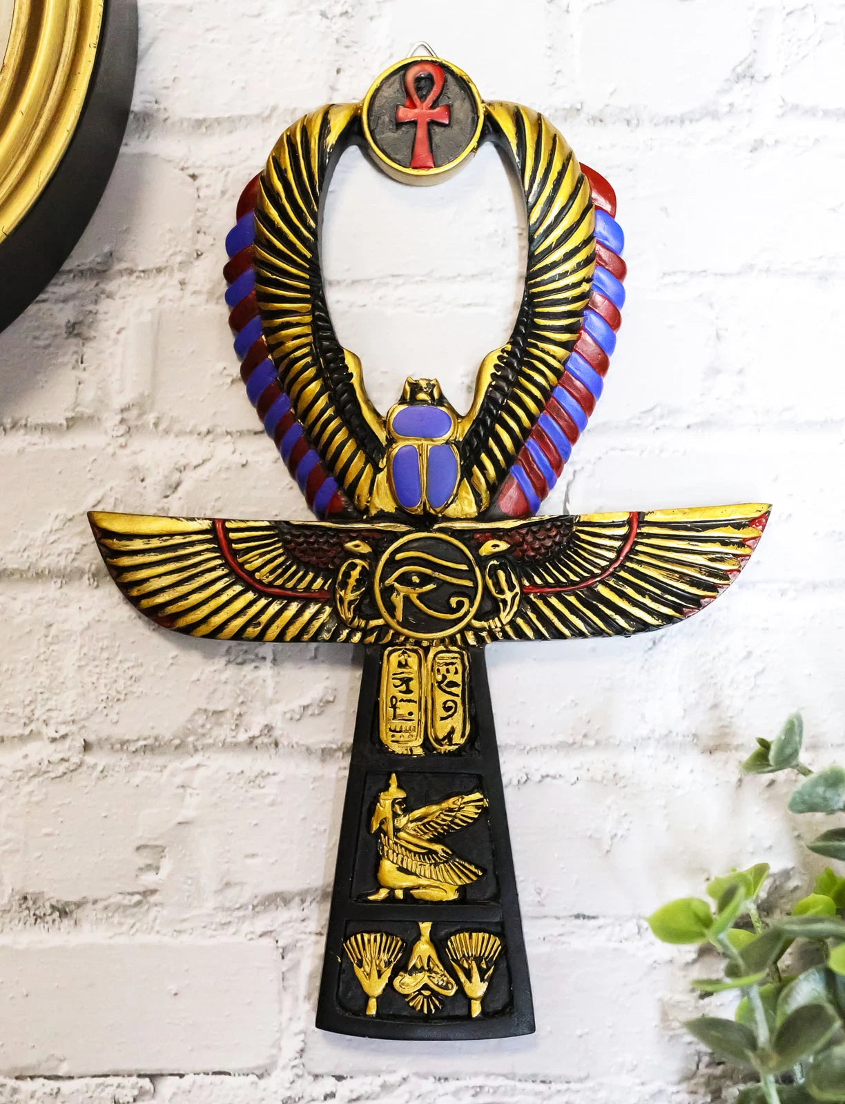 Egyptian Golden Ankh Scarab Maat and Eye of Horus Wall Decor Figurine 8" H