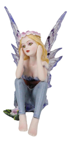 Small Meadowland Tribal Purple Periwinkle Flower Girl Fairy Daydreaming Figurine-5