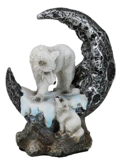 Winter Snow White Wolf Mother With Pup By Snowy Crater Crescent Moon Figurine-7