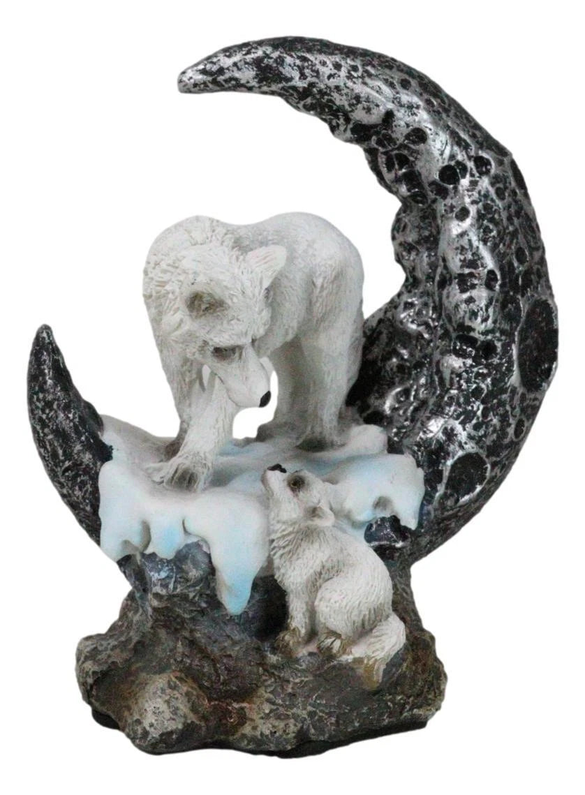 Winter Snow White Wolf Mother With Pup By Snowy Crater Crescent Moon Figurine-7