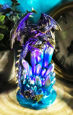 Purple And Gold Cosmic Dragon On Blue Crystal Stalactite Rock LED Light Statue-1