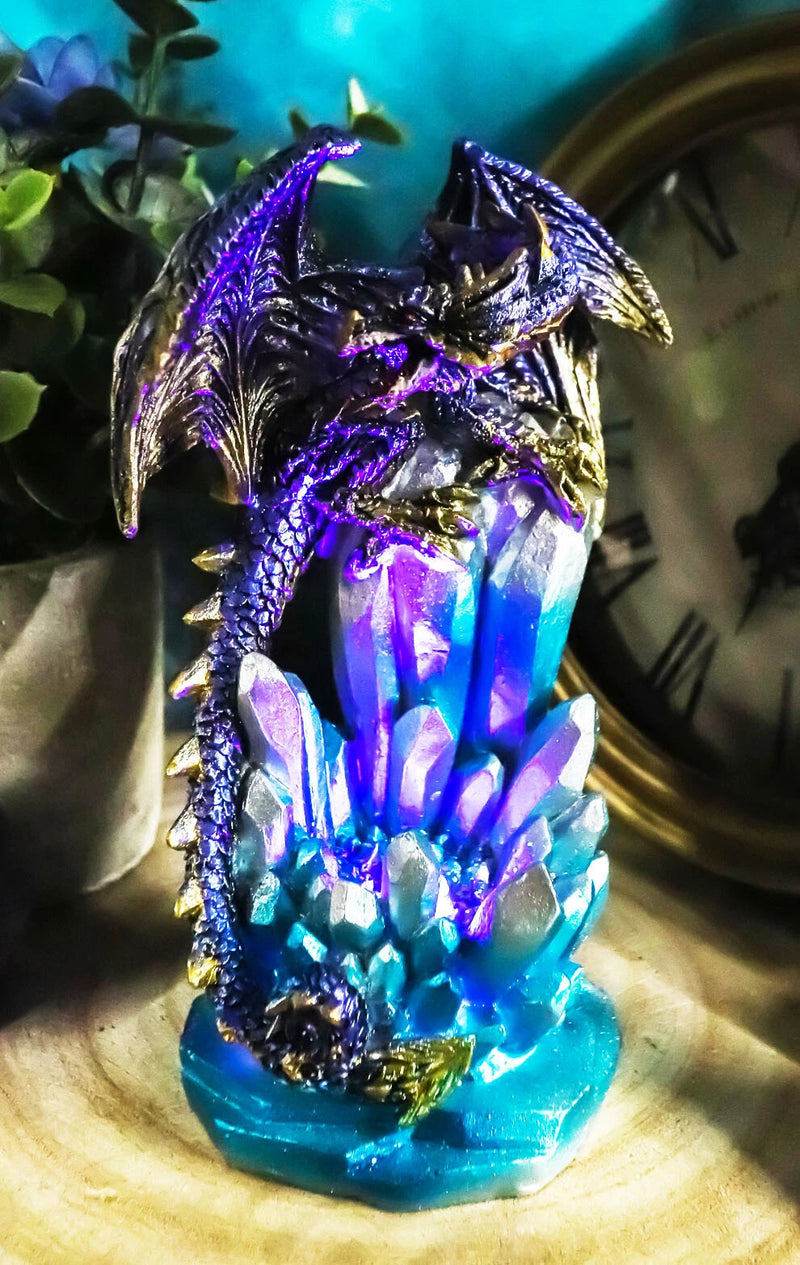 Purple And Gold Cosmic Dragon On Blue Crystal Stalactite Rock LED Light Statue-1