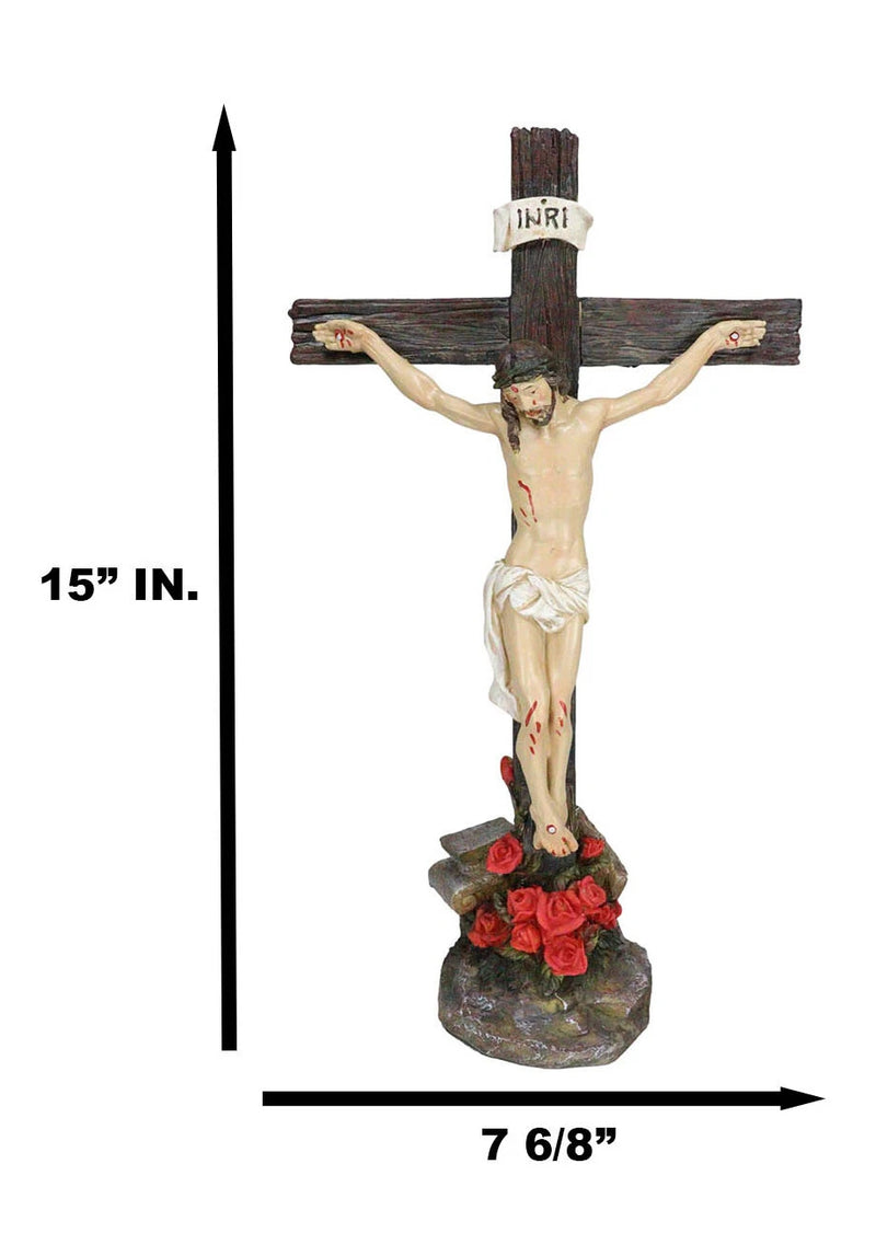 Jesus Christ On Cross W/ Rose of Sharon Base Decorative Crucifix Statue-7
