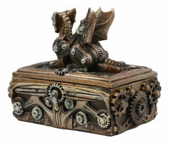 Bronzed Steampunk Cyborg Dragon Jewelry Box Figurine 9.5"L Robotic Serpentine-8