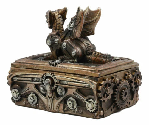 Bronzed Steampunk Cyborg Dragon Jewelry Box Figurine 9.5"L Robotic Serpentine-8