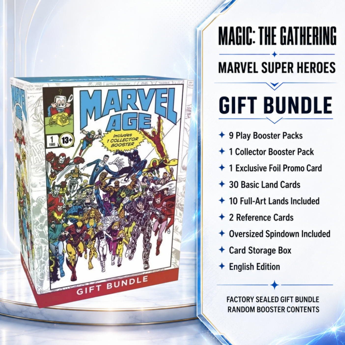 Magic: The Gathering Marvel Super Heroes Gift Bundle English Edition, Factory Sealed MTG Card Game Box with 9 Play Boosters, 1 Collector Booster, Foil Promo, Full-Art Lands and Storage Box, Collector Gift