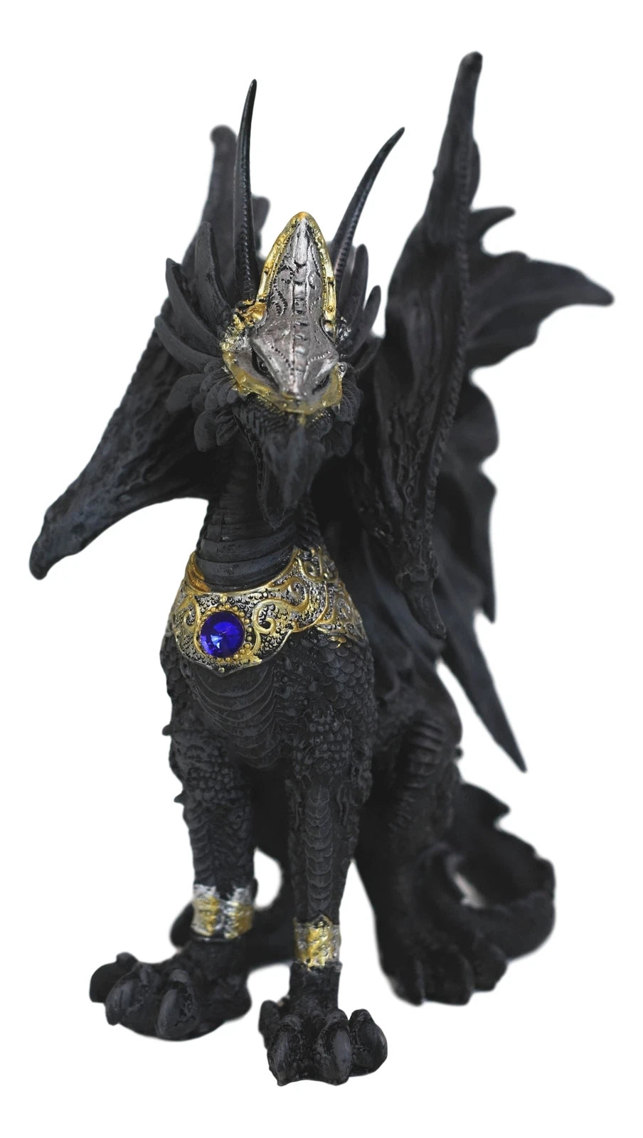Blue Sapphire Golden Armored Combat Dragon Standing Guard In Faux Stone Statue-6