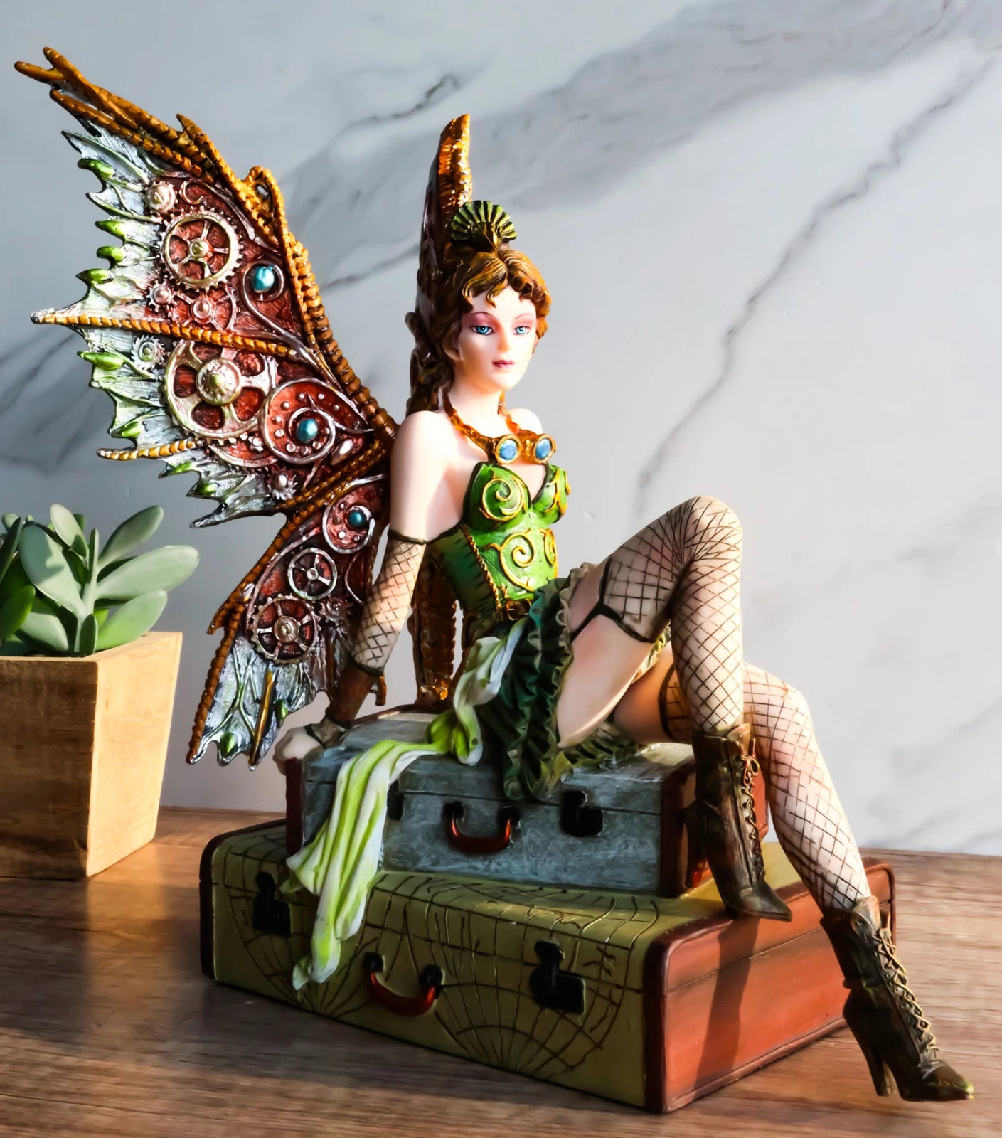 Steampunk Aviator Fairy Sitting On Suitcases Figurine 9"H Victorian Traveler-1
