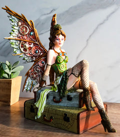 Steampunk Aviator Fairy Sitting On Suitcases Figurine 9"H Victorian Traveler-1