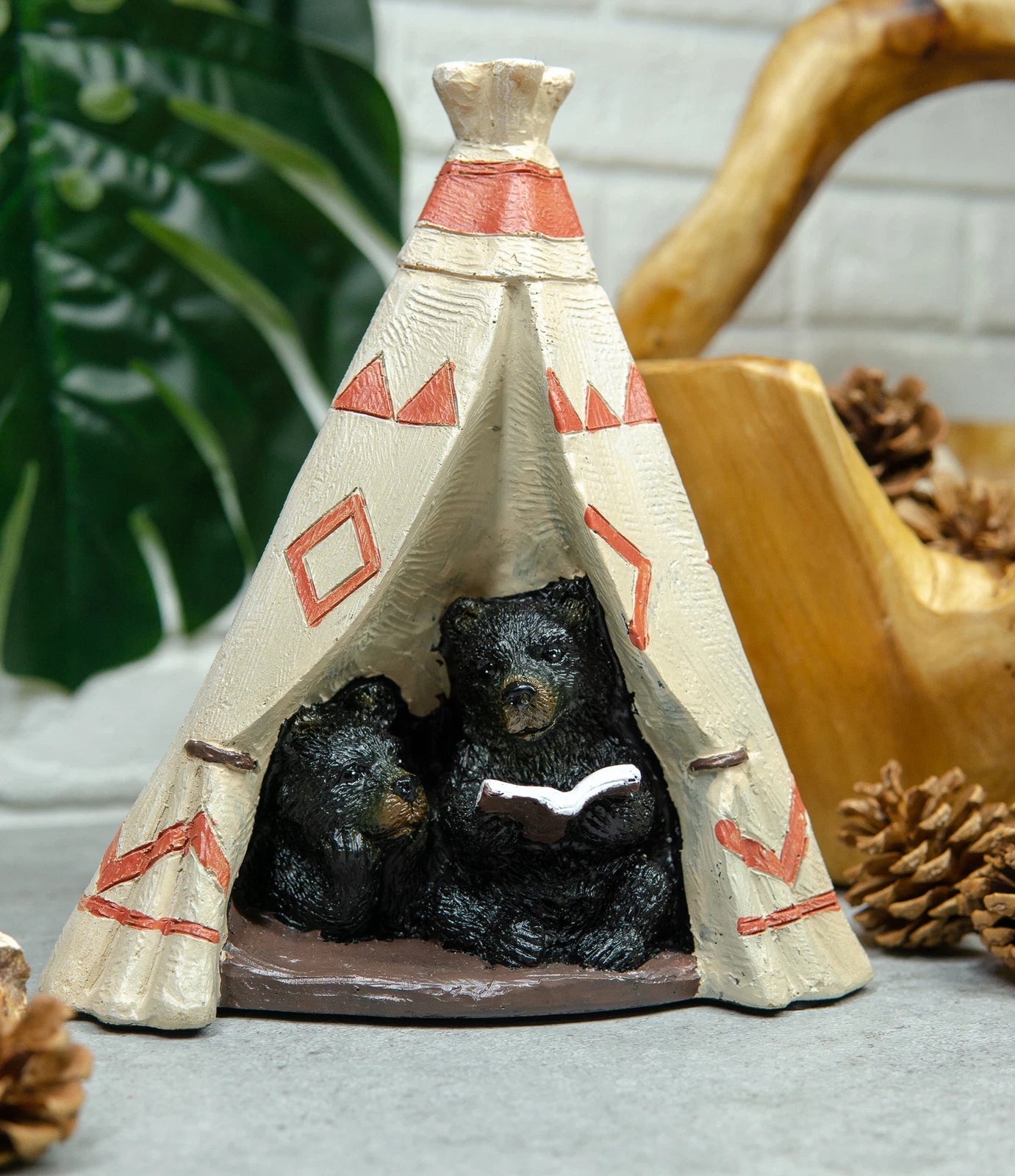 Rustic Forest Black Bear Cubs Story Time Reading Book In Teepee Figurine-6