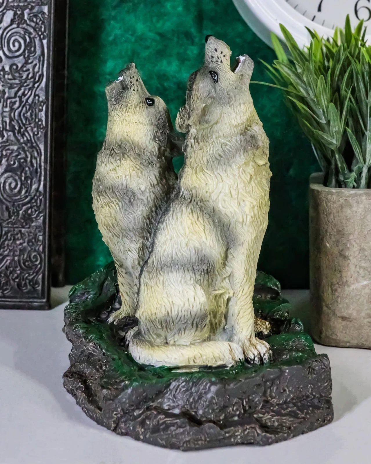 Howling Twin Gray Wolves Incense Burner Figurine 5.5 Inch Tall-1
