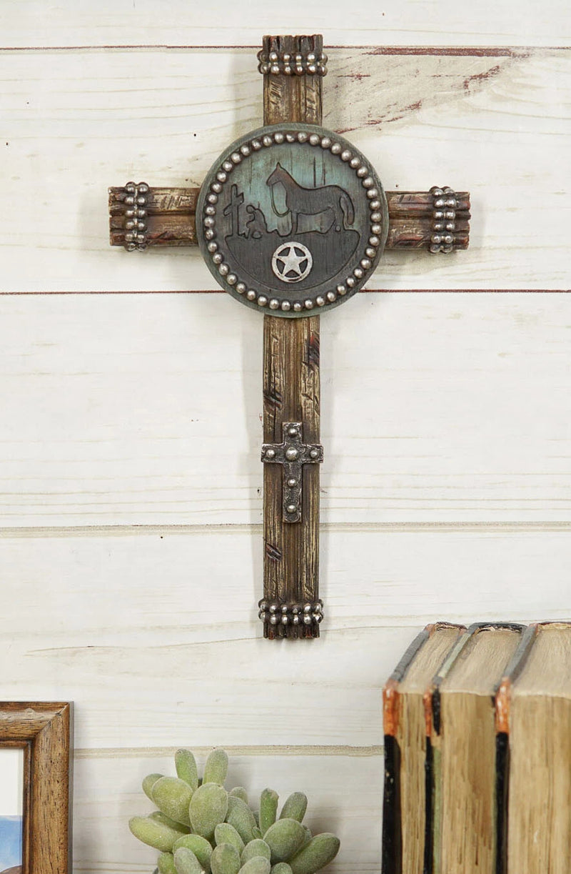 Set Of 3 Rustic Western Star Horseshoe Cowboy Horse And Pistols Wall Crosses-2