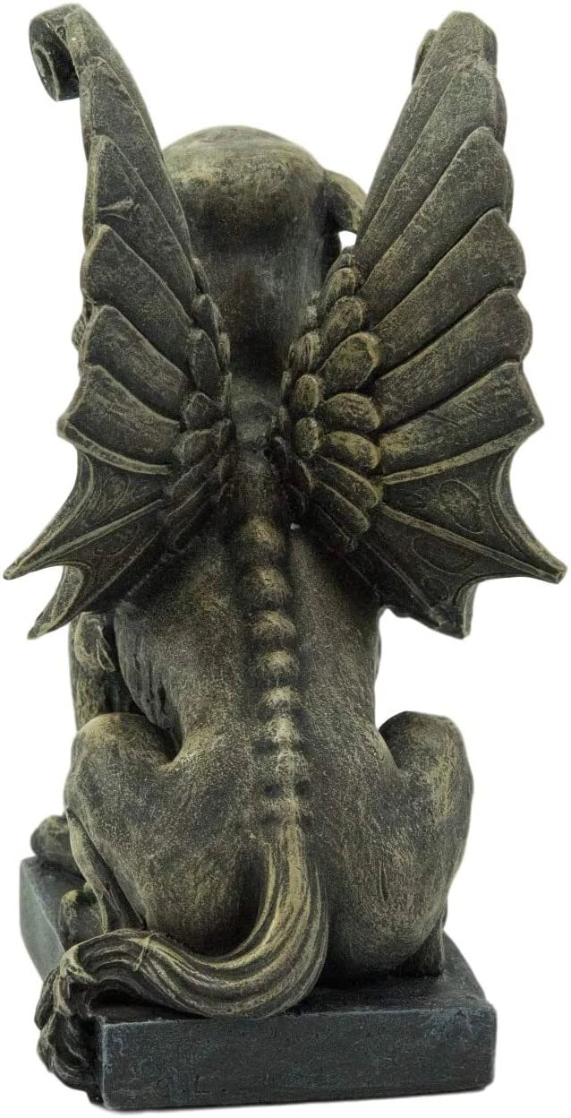 Lion Gargoyle with Griffin Wings Crouching On Pedestal Statue 6.5" Tall-5