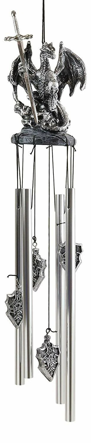 Medieval Silver Dragon Holding Excalibur Sword And Orb Figurine Wind Chime Decor-5