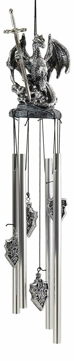 Medieval Silver Dragon Holding Excalibur Sword And Orb Figurine Wind Chime Decor-5