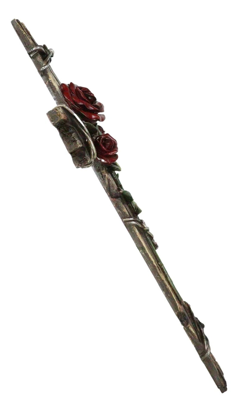 Rustic Western Faux Wooden Valentine Love Red Roses With Barbed Wires Wall Cross-10