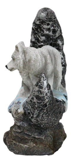Winter Snow White Wolf With Pup Cub By Snowy Crater Crescent Moon Figurine-7