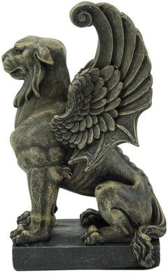 Lion Gargoyle with Griffin Wings Crouching On Pedestal Statue 6.5" Tall-6