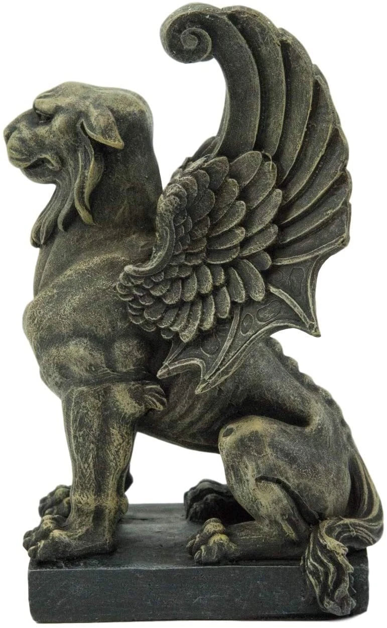 Lion Gargoyle with Griffin Wings Crouching On Pedestal Statue 6.5" Tall-6