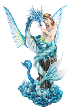 Large Nautical Blue Mermaid Feeding Leviathan Ocean Dragon Fairy Statue-6
