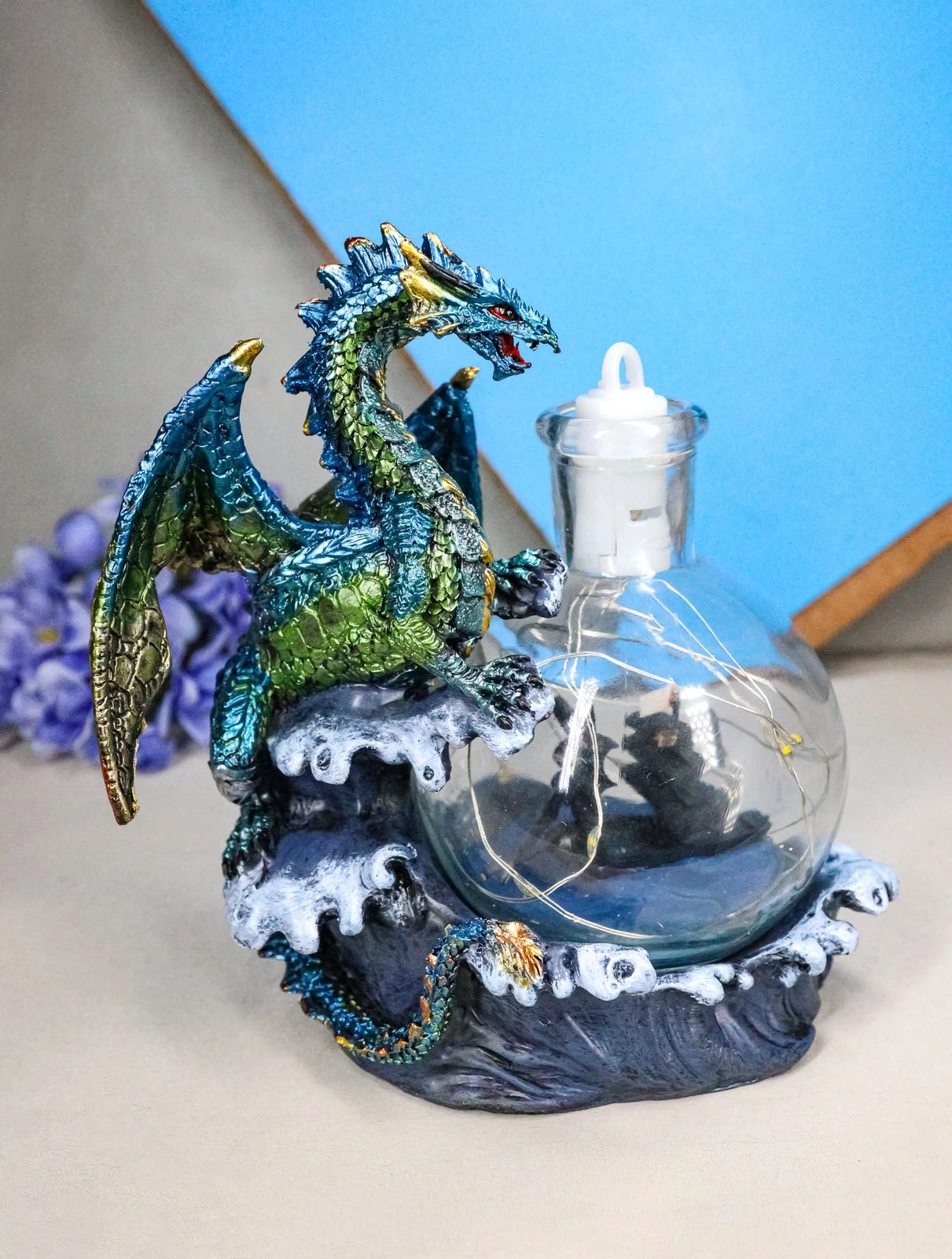 Metallic Frozen Sea Dragon Rising Above Waves by Glass Bottle With Ship Figurine-1
