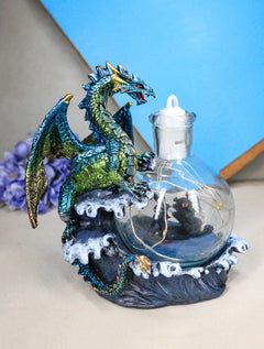 Metallic Frozen Sea Dragon Rising Above Waves by Glass Bottle With Ship Figurine-1