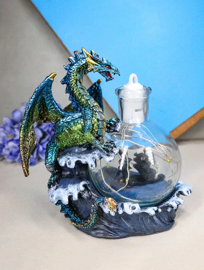 Metallic Frozen Sea Dragon Rising Above Waves by Glass Bottle With Ship Figurine-1
